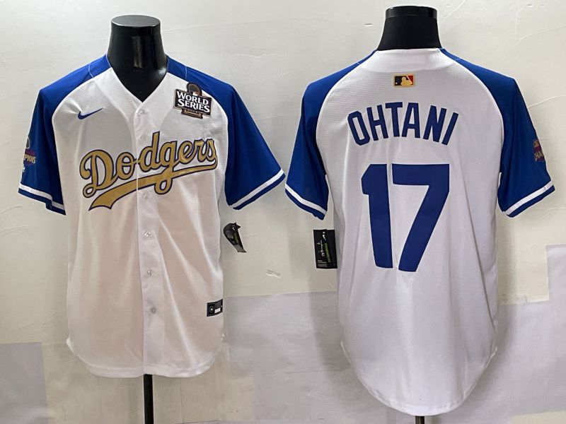Men Los Angeles Dodgers #17 Ohtani White Blue Champion gold character Nike 2025 MLB Jersey style 50516->los angeles dodgers->MLB Jersey